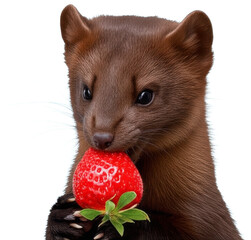 A sable marten with a strawberry on light blue background, transparent background png