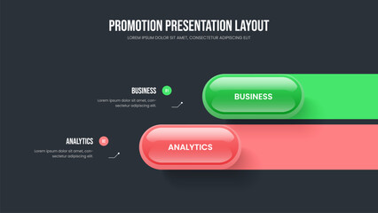 Project Solution Two Element Infographic Presentation Template. Advertising Performance 2 Step Diagram Slideshow Layout. Sales Insight Slide Design Vector Illustration.