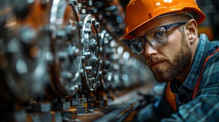 A focused industrial worker in safety gear inspecting machinery, embodying dedication and professionalism in a high-stakes working environment, highlighting safety and precision.