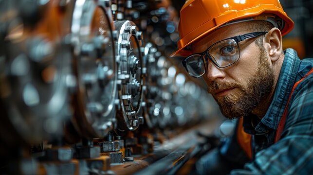 A focused industrial worker in safety gear inspecting machinery, embodying dedication and professionalism in a high-stakes working environment, highlighting safety and precision.