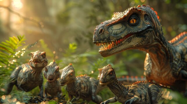 This captivating image showcases realistic-looking dinosaurs amidst lush vegetation, inviting viewers to immerse themselves in a prehistoric world filled with wonder and adventure.