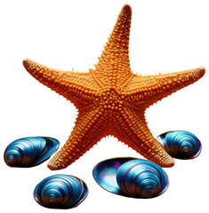 Orange starfish with blue and purple shells against an orange background, transparent background png