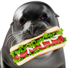 A Seal Eating a Hotdog on a White Background, transparent background png