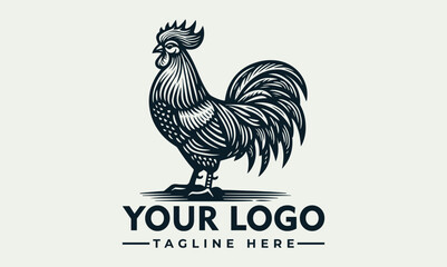 Rooster standing upright with detailed feather texture and large tail in bold monochrome illustration style. Animal concept
