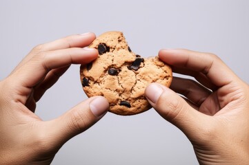 Chocolate chip cookie in hands, missing a bite on simple background.