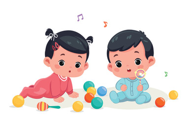 Happy Little Baby Boy and Girl Playing in Dry Pool – Cartoon Vector Illustration