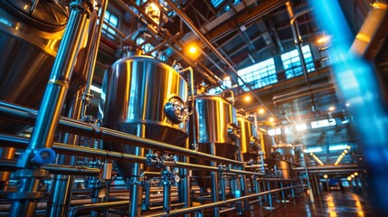 A sleek and modern brewery filled with shiny stainless steel tanks illuminated by warm industrial light, showcasing the art of beer production in full swing and precision.