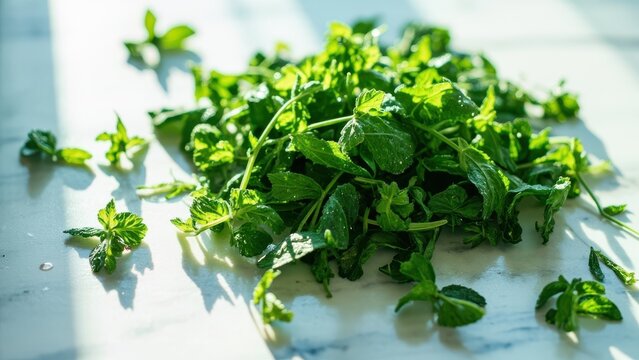 Scattered fresh green leaves of mint and parsley on a light marble surface under bright light. Concept of fresh herbs, cooking ingredients, and healthy eating. - Powered by Adobe