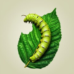 Green caterpillar munching on a leaf in studio shot