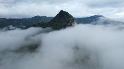 Aerial view of greenery mountains and forest on foggy morning