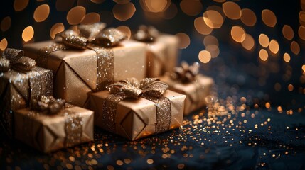 A charming collection of luxury gold presents adorned with sparkling ribbons, perfect for celebrations or special occasions, encapsulating the essence of gifting joy and elegance.