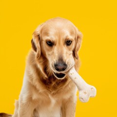 Golden Retriever With Dog Bone Toy on Yellow Background