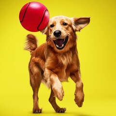 Happy dog running with a red ball against yellow background