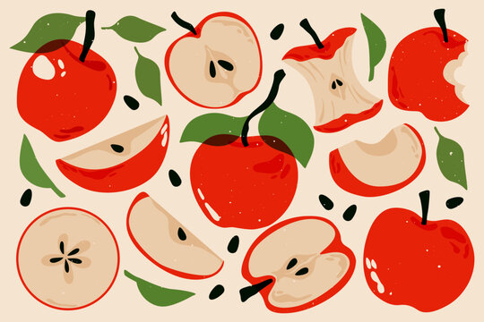 Red apples. Fresh apple fruits with leaves, ripe apples whole and cut pieces, abstract tropical fruit with leaf, peel, natural organic sweet sour ingredients. Vector risograph set