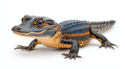 Naklejka premium Young Alligator or Crocodile Close Up, Blue Black Yellow Scales, White Background