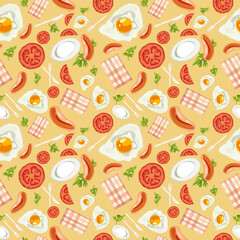 Vector Seamless Pattern with Fried Eggs, greens nd tomatoes Healthy Breakfast pattern
