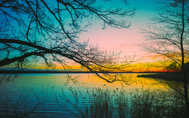 Colorful Sunset over the Lake Framed by Tree Branches

