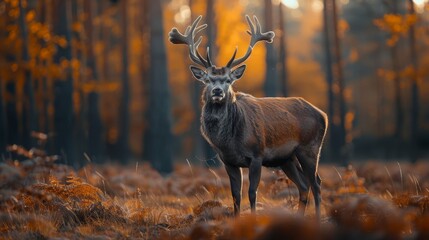 A magnificent stag stands proudly in a sunlit autumn forest, showcasing its impressive antlers amidst the warm hues of fallen leaves and surrounding trees.