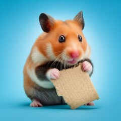 Cute hamster holding a cardboard piece on a blue background