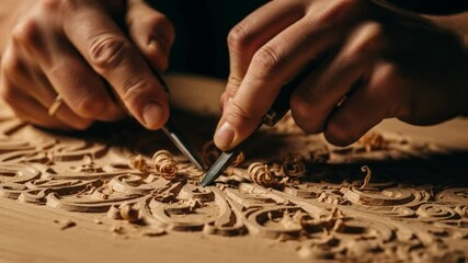 Craftsman's hands skillfully carve an intricate floral design into wood with a chisel, wood shavings curling, showcasing traditional woodworking artistry and meticulous dedication for heritage crafts