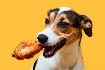 Dog with a snack against bright yellow background