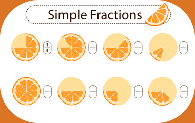 vector illustration of a worksheet with fractions for children using the example of orange slices. Mathematics for preschool and school-age children.