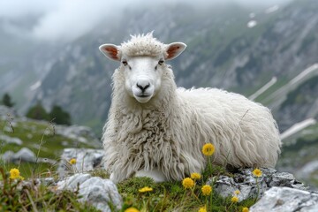 Fototapeta premium A serene scene of a fluffy sheep resting amidst green grass and wildflowers in a majestic Alpine setting, embodying the tranquility of nature and pastoral life.
