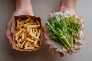 Woman holding two paper containers with French fries and fresh green celery stalks. Conceptual image of food choice between junk snack and healthy vegetables.