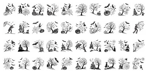 Haunted House Halloween Vector Set - Haunted castle, bats, trees, pumpkins, dead trees and spooky silhouettes for parties, posters t-shirt designs and print designs.
