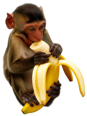 A cute monkey eating a ripe yellow banana, transparent background png
