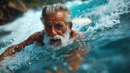 An elderly man with a striking white beard is seen swimming in vibrant turquoise ocean water, embodying vitality and the spirit of adventure at any age amidst nature's beauty.