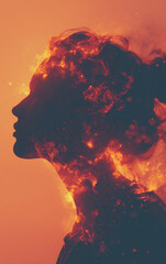 woman silhouette with blazing fire and smoke, double exposure — ideal for conceptual art, mental health themes, book covers, or creative advertising design