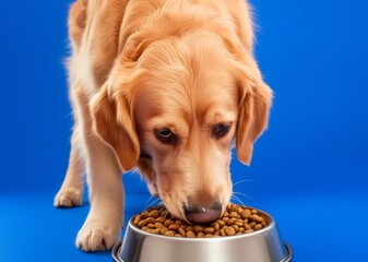 Golden retriever eating from a silver bowl against a blue background