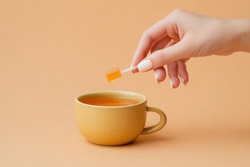 Cup of herbal tea being sweetened with honey using a stick on an orange background in a cozy setting