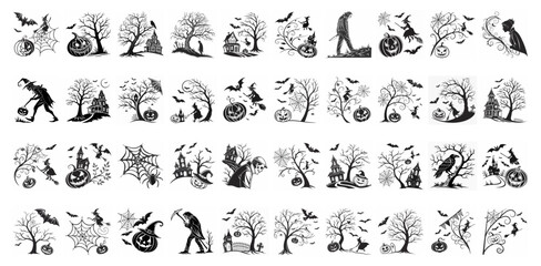 Haunted House Halloween Vector Set - Haunted castle, bats, trees, pumpkins, dead trees and spooky silhouettes for parties, posters t-shirt designs and print designs.