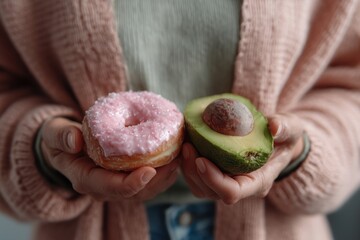 Close-up of woman’s hands offering a pink donut with sprinkles and a ripe avocado half. A soft pastel-toned outfit creates a cozy lifestyle contrast between indulgent treat and healthy food.