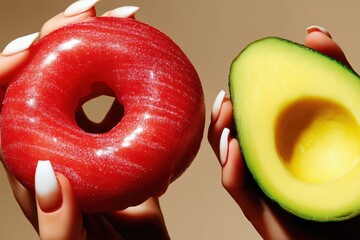 Woman’s hands holding glossy red donut and fresh avocado half. Close-up on perfect manicure and saturated colors with dramatic lighting on neutral background. Bold, modern food contrast concept.