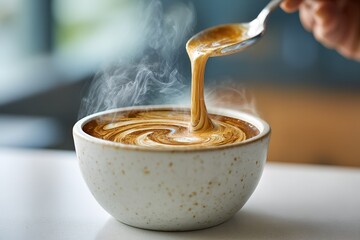 Warm coffee swirls in a porcelain bowl during a cozy morning in a bright kitchen