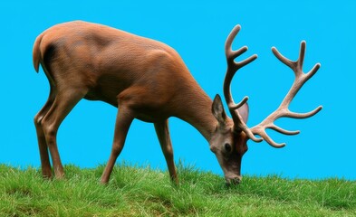 Deer with antlers eating grass on a bright day
