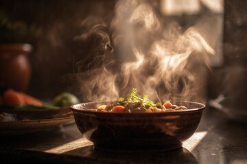 Steaming bowl of stew with fresh herbs in a rustic kitchen setting during late afternoon light