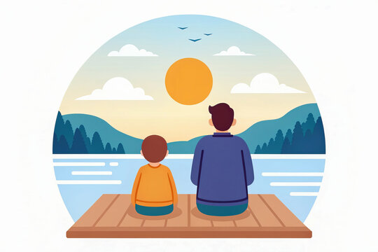 Sentimental Father's Day: A Celebration of Love. father and son share sentimental moment by lake at sunset, expressing love on this special day