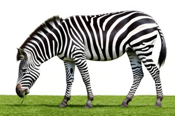 Zebra Grazing on Green Grass in a Plain White Background