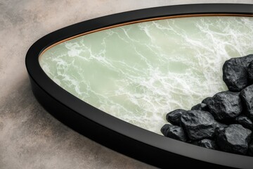Abstract Ocean Sculpture: Green Waves and Black Rocks in Oval Frame