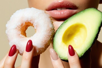 Fashion model holding white-sugar glazed donut and fresh avocado near lips. Healthy vs sweet food concept with glossy nails and minimal beige background.