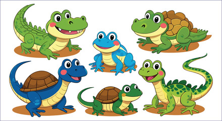 Cartoon Animals Crocodile Frog Turtle Vector Set Children Illustration Design