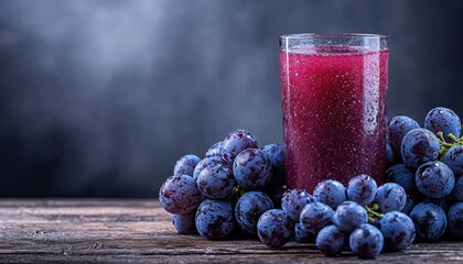 Fresh Purple Grape Juice in a Glass Surrounded by Juicy Grapes on Wooden Table