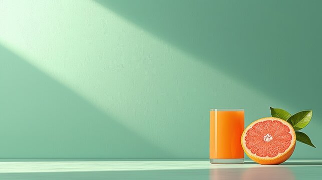 Orange juice glass and grapefruit slice on mint green tabletop. Minimal studio scene with soft shadows and copy space. Freshness and wellbeing for modern branding. Ideal for ads and packaging.