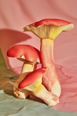 Surreal close-up of exotic orange mushrooms with sculptural forms and textured stems on pink surface. Modern abstract food concept or fantasy botanical specimen.