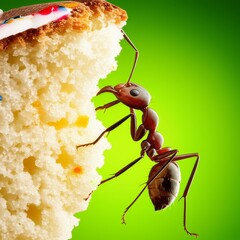Ant climbing on cake slice against a vibrant green backdrop