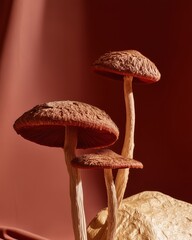 Three mushrooms with rough dry caps and tall stems arranged on orange fabric. Natural textures and surreal forms in warm studio light